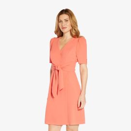 Crepe Tie-Front A-Line Short Wrap Dress In Peach Blossom Adrianna Papell at Adrianna Papell